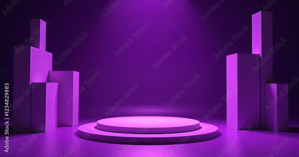 Poster minimalist 3d rendering of a two-tiered platform in a vibrant purple studio. the platform is illumin