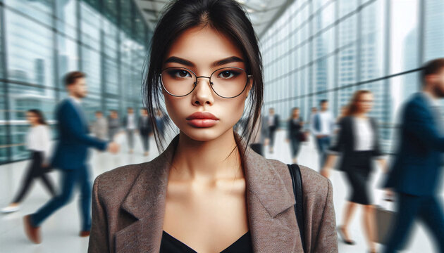 Asian mixed woman mixed ethnicity in business environment with busy business people in hurry  during the rush hours