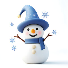 cheerful 3D clay snowman wearing magical blue hat and scarf