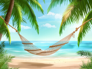 vector illustration of a tropical beach with clear water, a hammock tied to palm trees, and a gentle breeze,