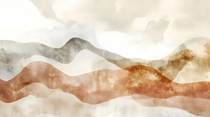 Abstract landscape with flowing waves of earth tones and soft clouds