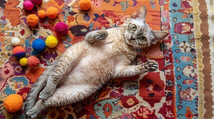 A playful cat sprawled on a vibrant patterned rug surrounded by colorful felt pom poms, exuding a sense of joy and warmth
