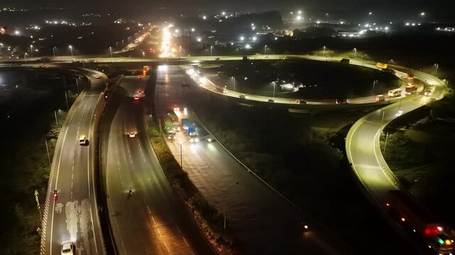 Sparkling freeway interchange captured at night