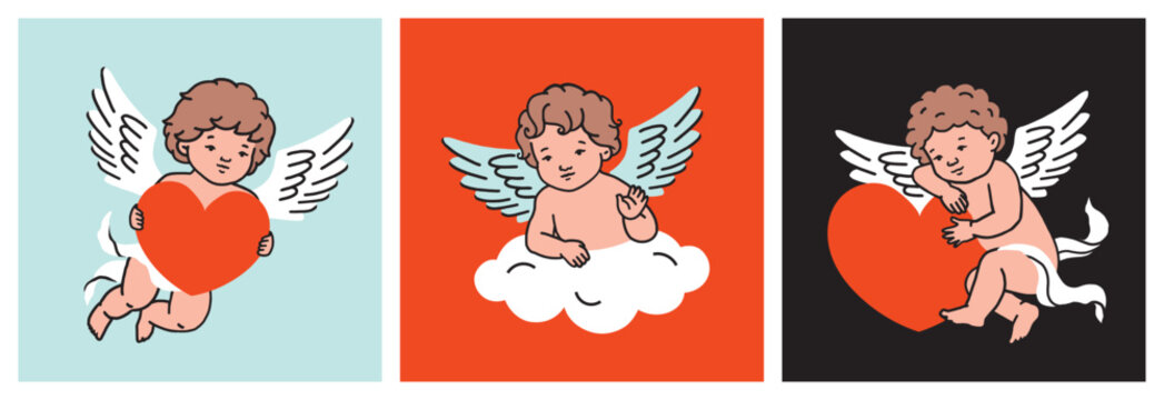 Cupids set. Cute baby angels with wings holding red hearts, sitting on cloud. Romantic design for Valentine&rsquo;s Day, love themes, and holiday decor.