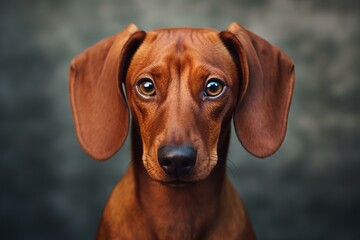 Studio portrait of a beautiful red smooth haired dachshund puppy posing on a dark background