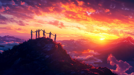 Team reaching the summit at sunrise, celebrating achievement with breathtaking mountain view and fiery sky