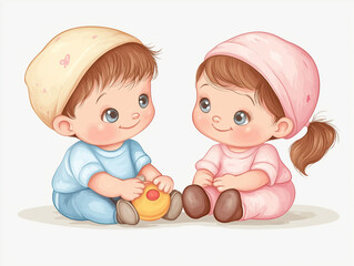 vector-style illustration of a smiling baby girl in a pink onesie and a baby boy ,