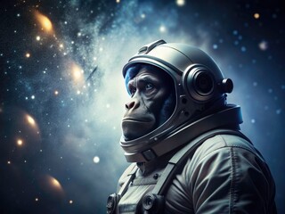 Surreal astronaut ape art. Space chimp, galaxy monkey, cosmic primate. Minimalist design.