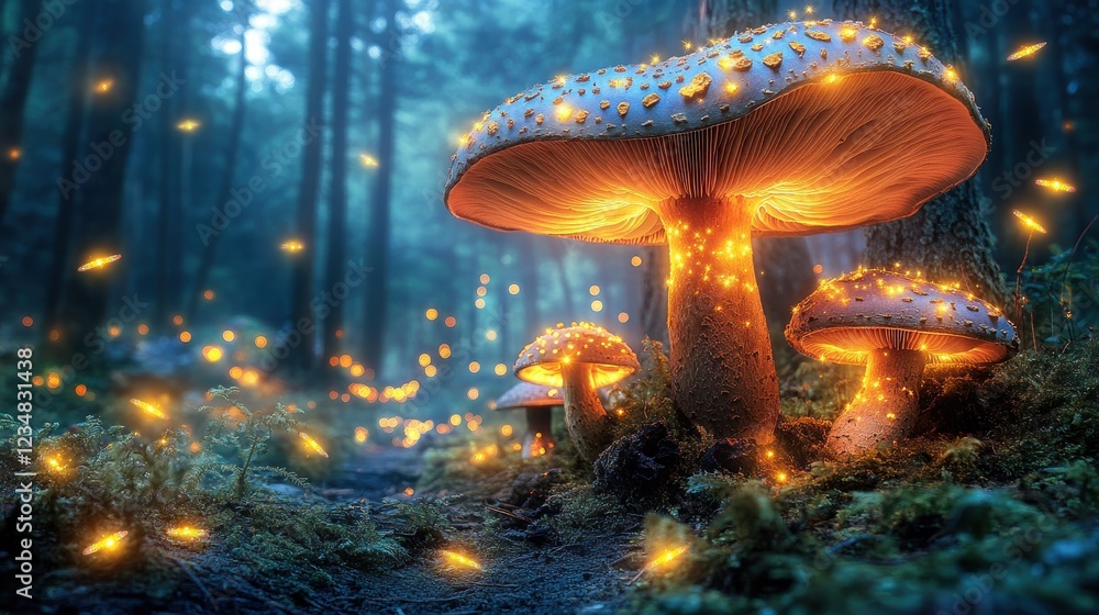 Poster mushroom with fairy lights in enchanted forest setting at night time with soft glow