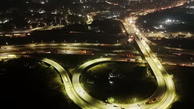 High angle night shot a busy highway junction