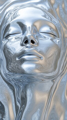 Abstract silver humanoid face with closed eyes in a smooth liquid metal texture