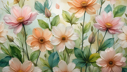 Abstract minimalist vibrant transparent flowers in oil painting seamless pattern with transparent leafs in lashes green natural, vintage, soft colours combination, digital painting, brush strokes styl