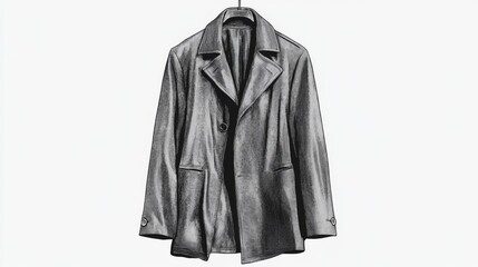 Monochrome sketch of a men's leather jacket hanging on a clothes hanger.