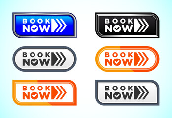 Book now button set of different shapes and colors