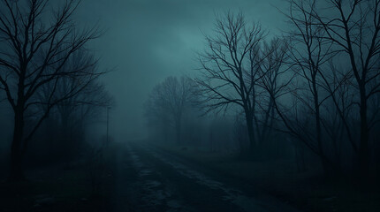Obraz premium Fog arising on a dark, mysterious, and desolate country road at twilight