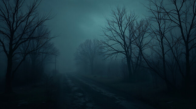 Fog arising on a dark, mysterious, and desolate country road at twilight
