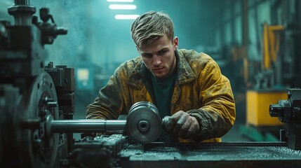 lathe machine operated by caucasian engineer at industrial workshop, focusing on making precision machine parts for metal part manufacturing with expert fabrication techniques
