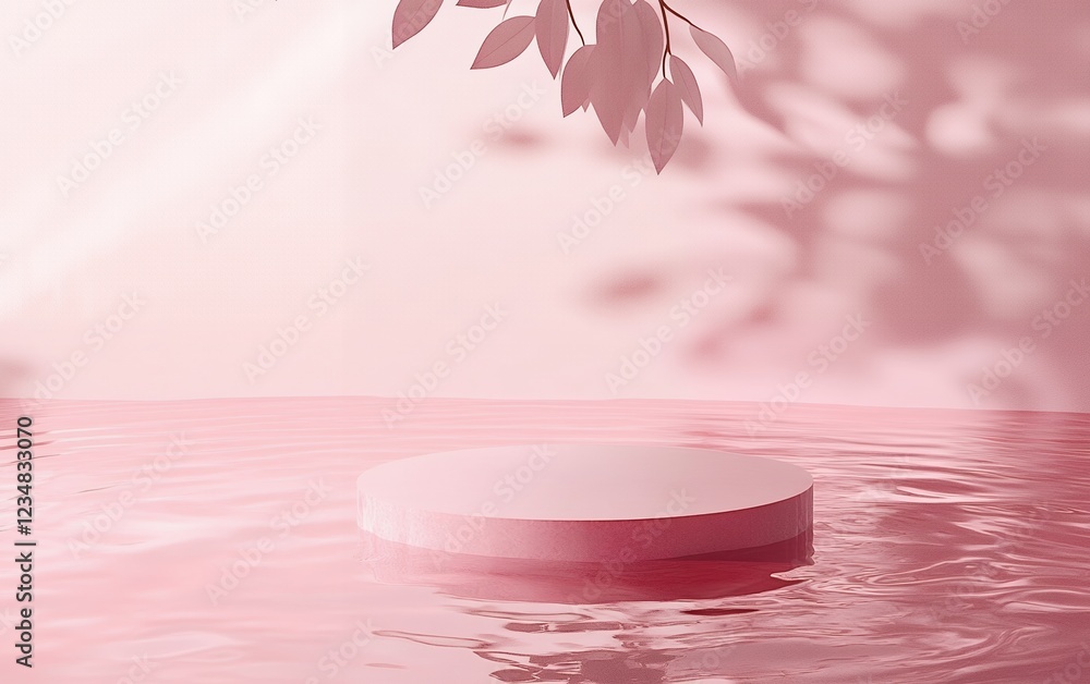 Poster minimalist round pink platform floating on a water surface with soft shadows and elegant leaves for 