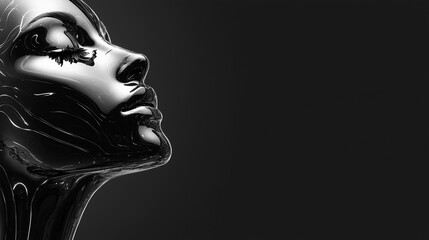 Obraz premium Abstract glossy black humanoid face with reflective surface on a dark background with blank empty space