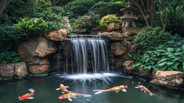 Serene zen garden with a small waterfall and koi fish in tranquil outdoor setting