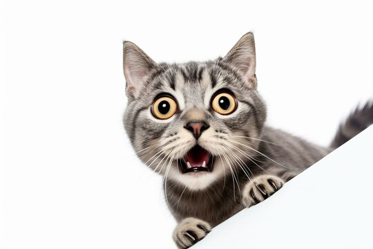 Cute tabby cat peeking over a blank sign with a surprised expression, wide open mouth and big eyes, isolated on white background