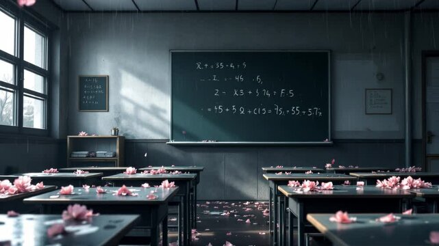 Rainy Day Classroom with Falling Cherry Blossoms Anime Background