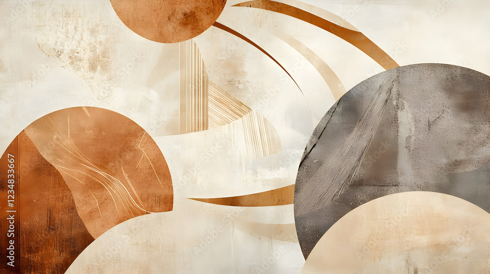 Poster abstract composition featuring circular shapes and flowing lines in warm tones