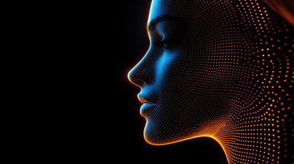 Digital glowing blue face with orange dots in profile on black background with blank empty space
