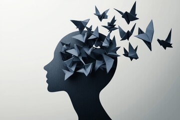 Origami birds emerging from human silhouette in creative concept art