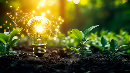 A glowing light bulb with a network of connections  surrounded by young green plants symbolizing sustainable energy and growth
