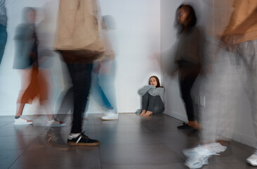 Social anxiety, sad and blur with woman and people for panic attack, loneliness and fear. Mental health, depression and trauma with person in crowd for scared, ptsd psychology and identity crisis