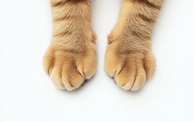 Adorable cat’s front paws with fluffy soft fur resting on white surface for pet lovers and animal photography