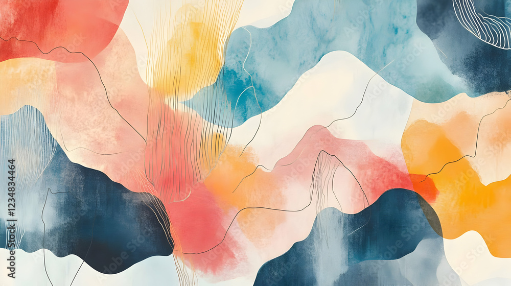 Poster abstract watercolor composition with flowing shapes and soft colors