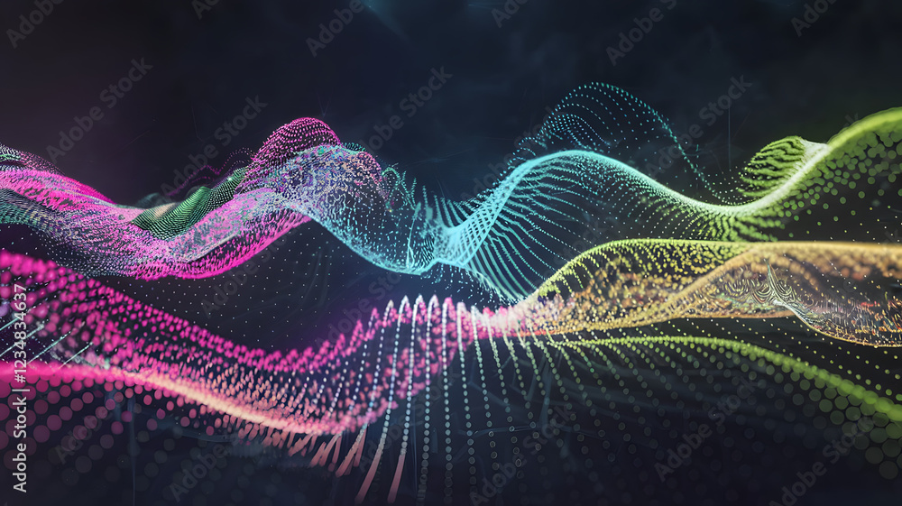 Poster abstract colorful waves: dynamic, vibrant waves of colorful particles flow and intertwine against a 