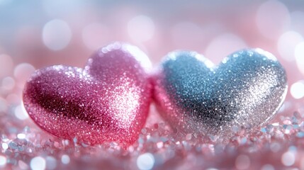 Obraz premium Two Glittering Hearts Resting On Pink Sparkle Background