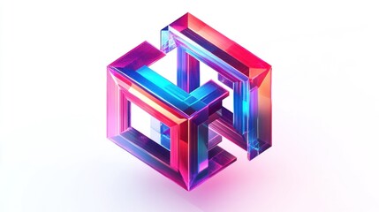 Abstract 3D geometric glass cube with vibrant pink and blue gradients.