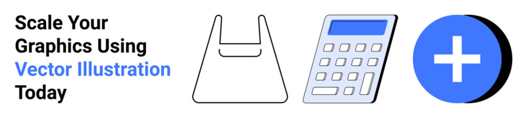 Minimalistic vector shopping bag, calculator, and plus sign. Ideal for e-commerce, budgeting, retail, calculators, design tools business apps or UIUX elements. Perfect for a flat landing page