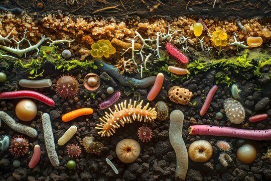 Nutrient Cycling: A detailed image showing diverse soil microbes involved in nutrient cycling, highlighting bacteria and fungi breaking down organic matter. 