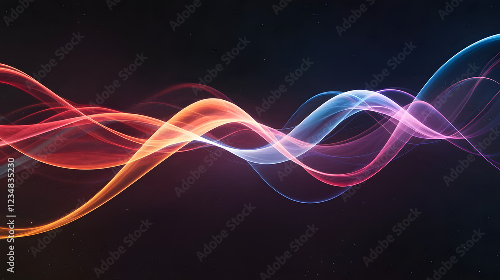 Poster abstract flowing waves: luminous, vibrant waves of red, blue, and pink flow across a dark background