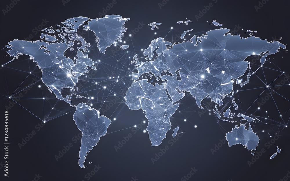 Poster global network: a mesmerizing abstract visualization of the world map, composed of interconnected li