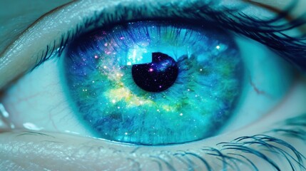 Cosmic wonder reflected in a vibrant blue eye showcasing a galaxy with stars and deep space elements