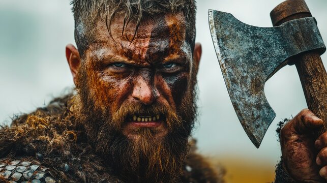 Viking warrior holding a large battle axe with fierce expression in a dramatic pose
