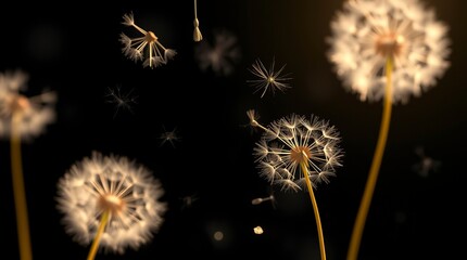 Dandelion Seeds Floating in Dark Background Art