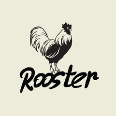 Graphically hand drawn rooster in a suit on a red background. Retro engraving with farm animals for restaurant menus, for packaging in markets and in shops. Vector vintage illustration.