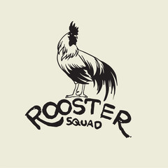 Graphically hand drawn rooster in a suit on a red background. Retro engraving with farm animals for restaurant menus, for packaging in markets and in shops. Vector vintage illustration.