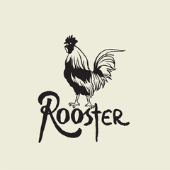 Graphically hand drawn rooster in a suit on a red background. Retro engraving with farm animals for restaurant menus, for packaging in markets and in shops. Vector vintage illustration.