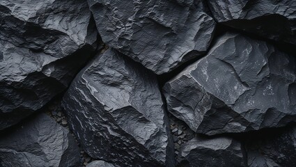 Close-Up of Dark Black Grunge Stone Texture, Featuring Rough Surfaces, Deep Cracks, and a Distressed, Rugged Appearance