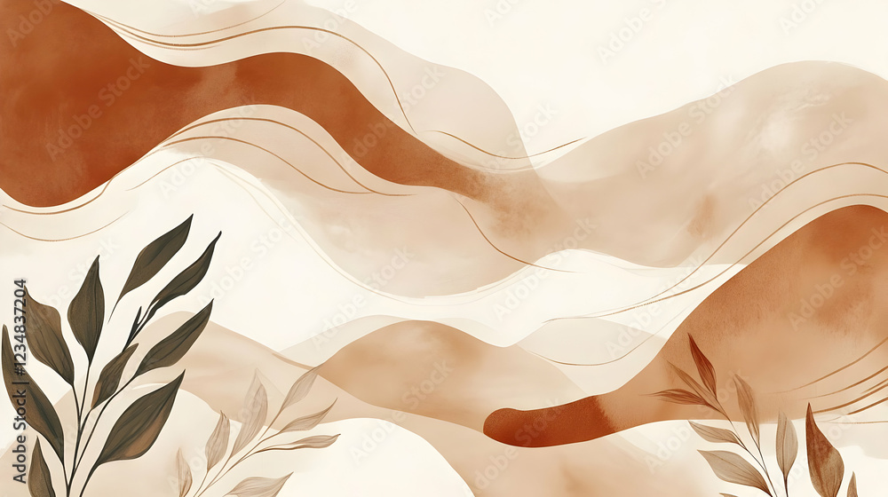 Poster abstract design featuring flowing waves and botanical elements in warm tones