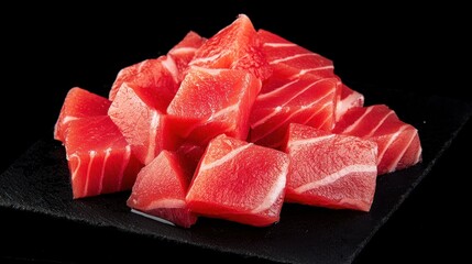 Fresh, vibrant pieces of tuna displayed on a black slate, highlighting their rich color and texture, perfect for sushi or sashimi.