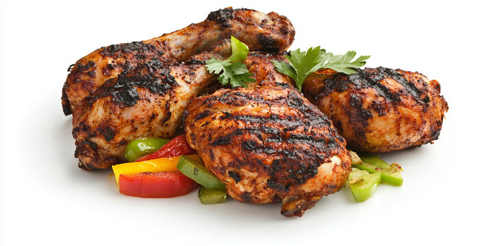 Grilled Caribbean jerk chicken served with colorful bell peppers and herbs